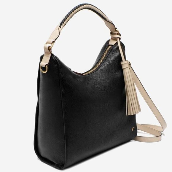 Etienne Aigner Ava Leather Hobo In Black +Anthropologie Chevron Beaded Bag Strap - Picture 4 of 12